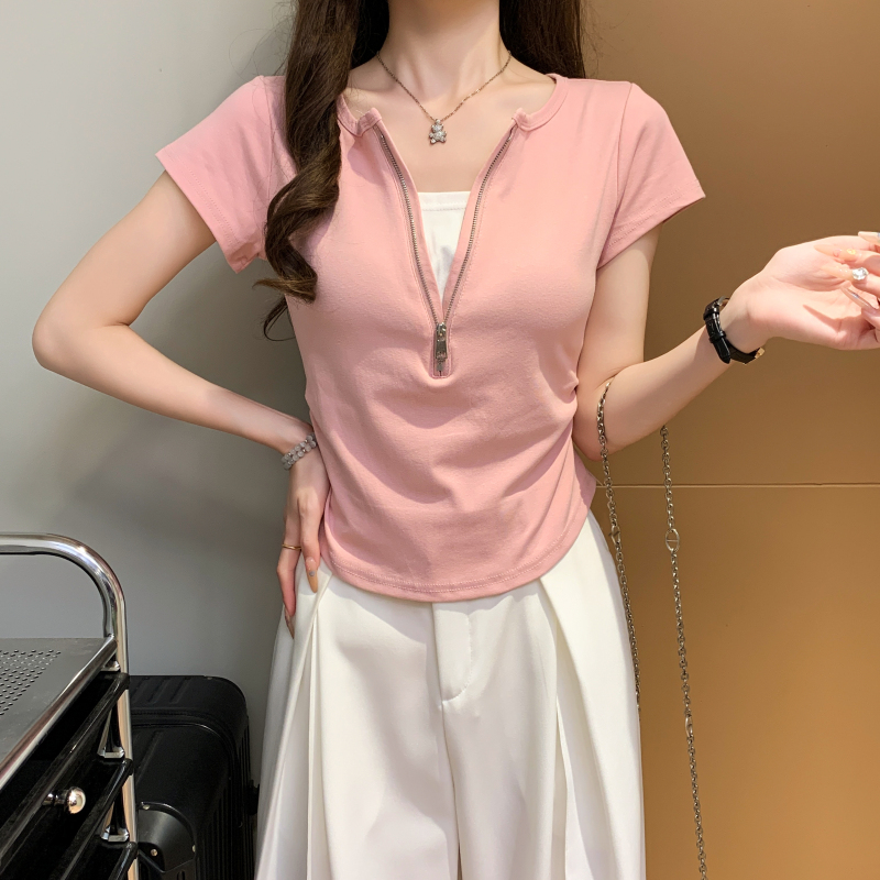 Short small tops Pseudo-two half zip T-shirt for women