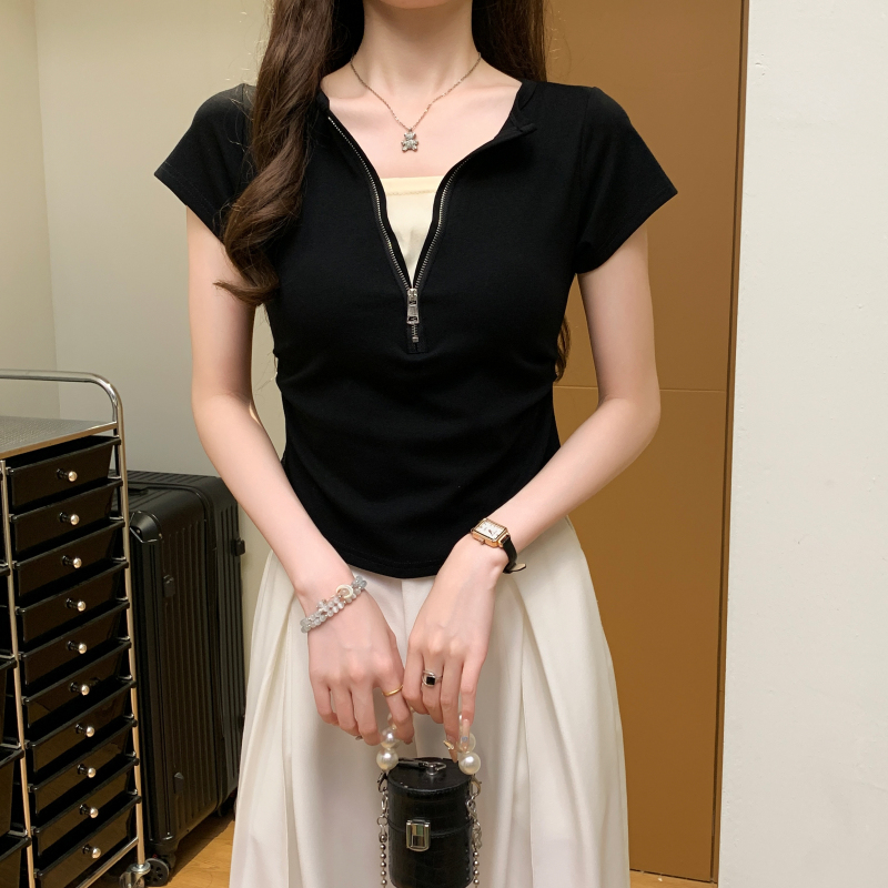 Short small tops Pseudo-two half zip T-shirt for women