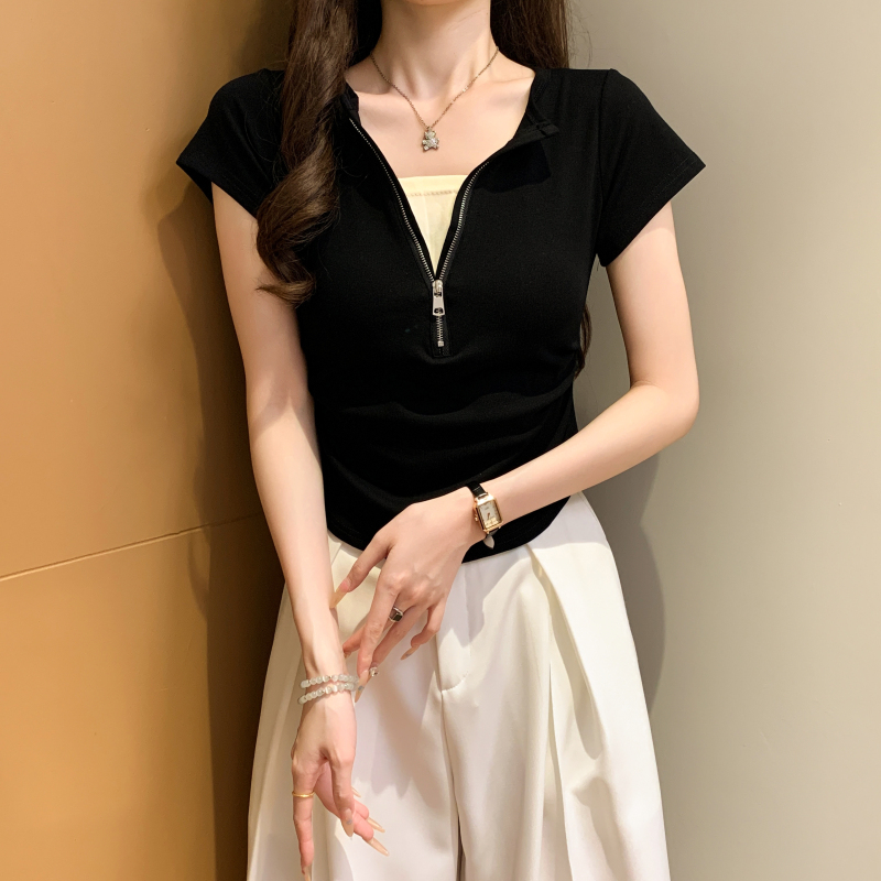 Short small tops Pseudo-two half zip T-shirt for women