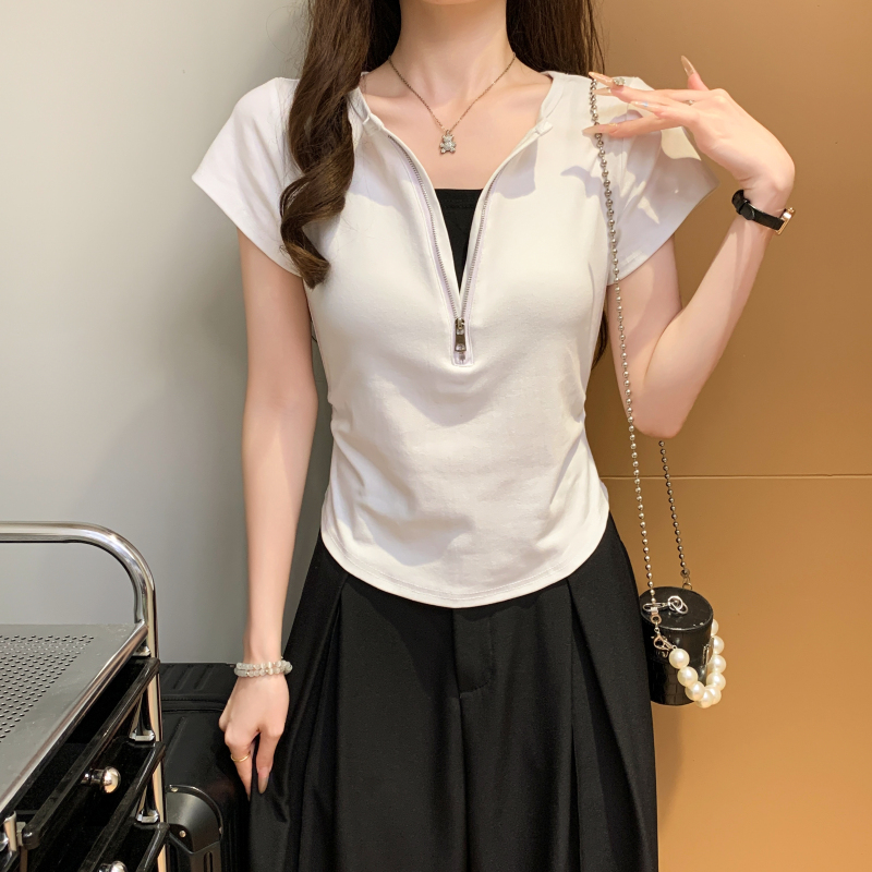 Short small tops Pseudo-two half zip T-shirt for women