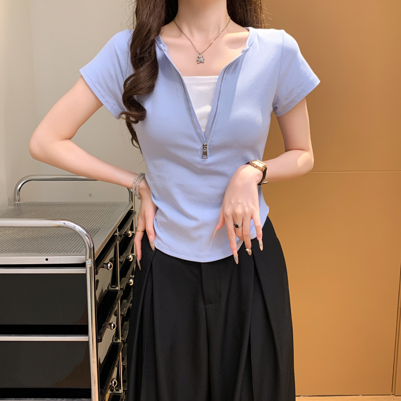 Short small tops Pseudo-two half zip T-shirt for women