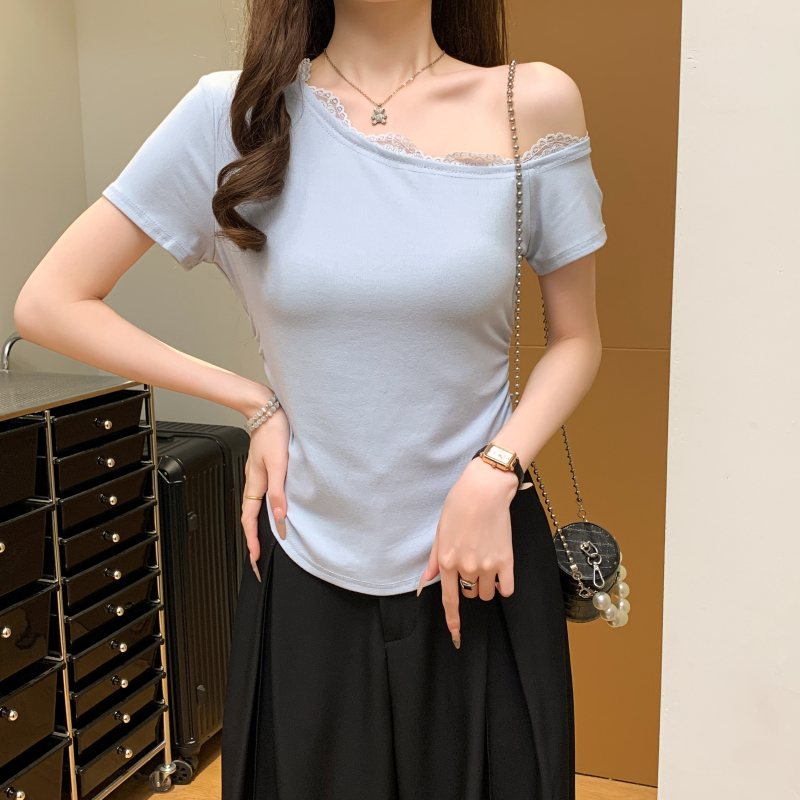 Short sleeve slim T-shirt sloping shoulder small shirt
