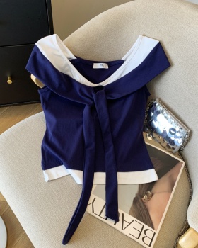 Strapless mixed colors all-match flat shoulder slim wear T-shirt