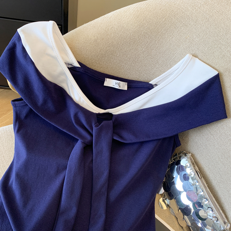 Strapless mixed colors all-match flat shoulder slim wear T-shirt