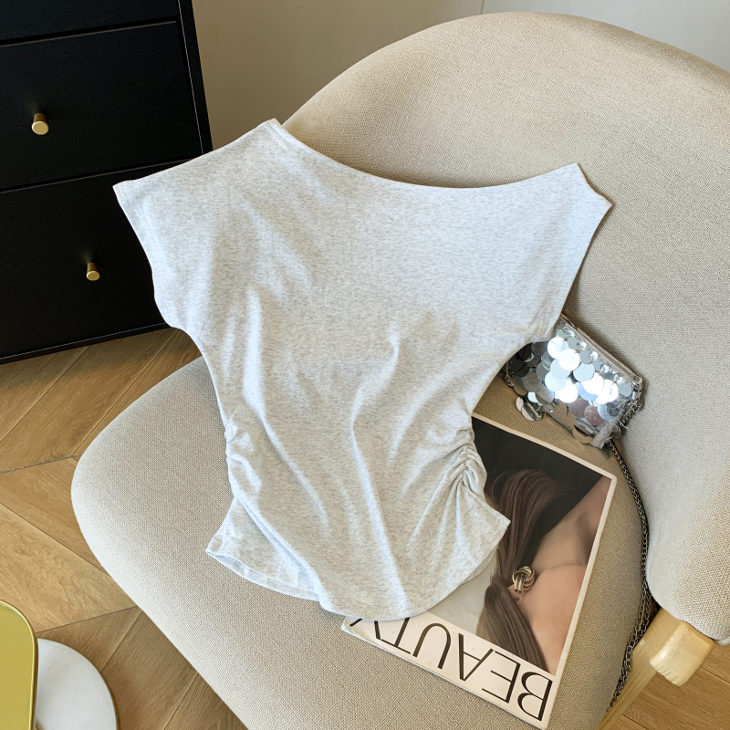 Short sleeve sloping shoulder tops slim T-shirt for women