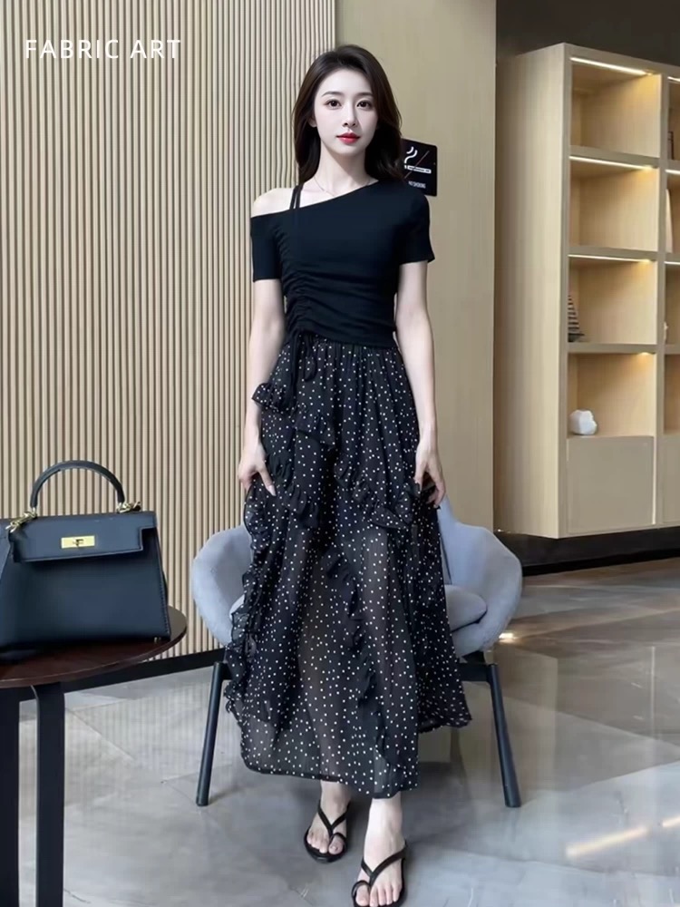 Polka dot France style vacation slim high waist skirt