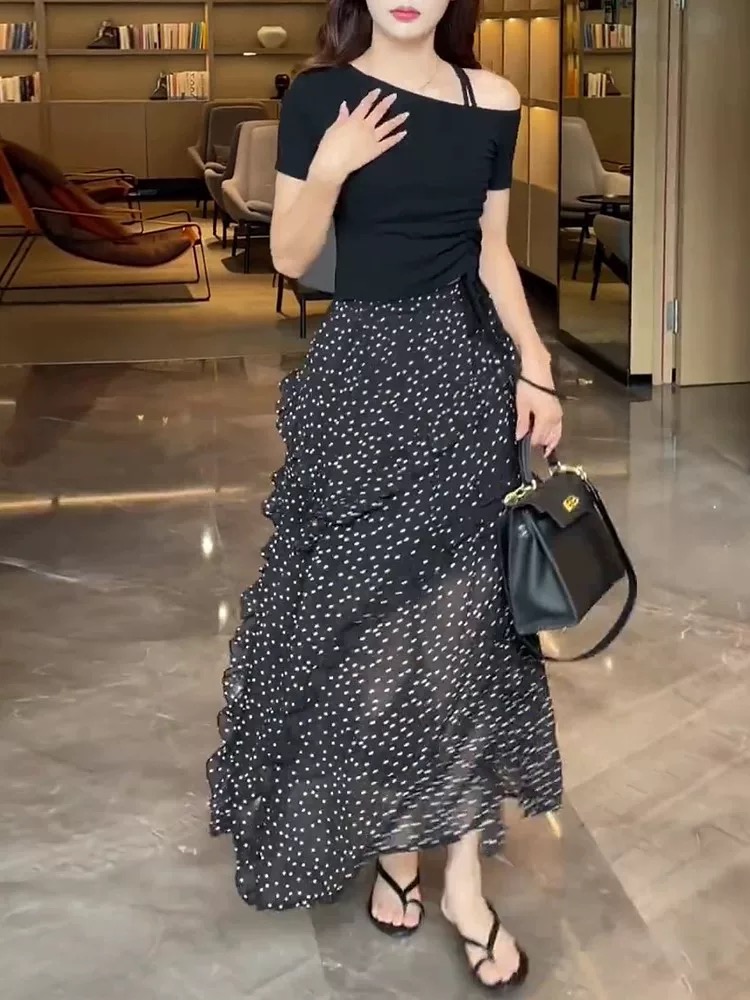 Polka dot France style vacation slim high waist skirt