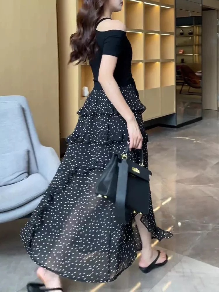 Polka dot France style vacation slim high waist skirt