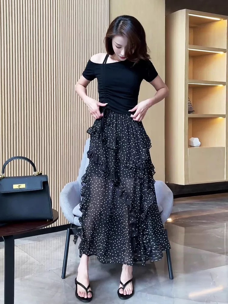 Polka dot France style vacation slim high waist skirt
