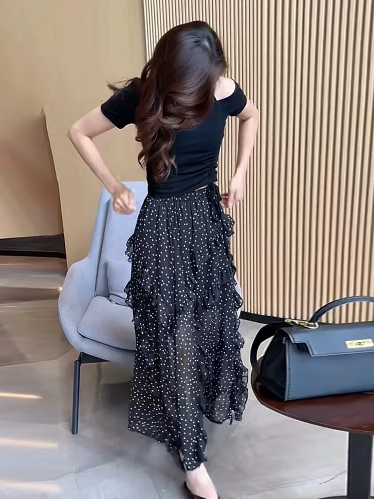 Polka dot France style vacation slim high waist skirt