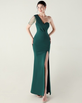 Sexy elegant set beads high split shoulder evening dress