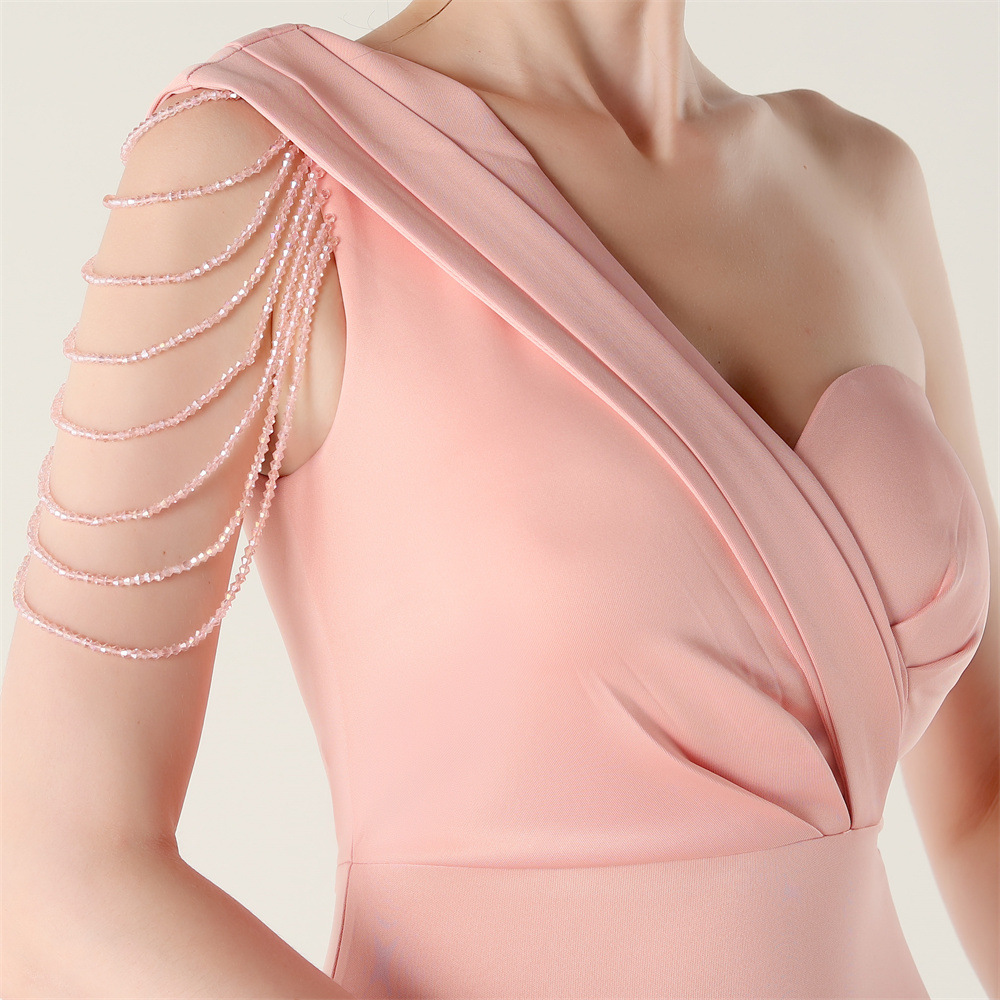 Sexy elegant set beads high split shoulder evening dress