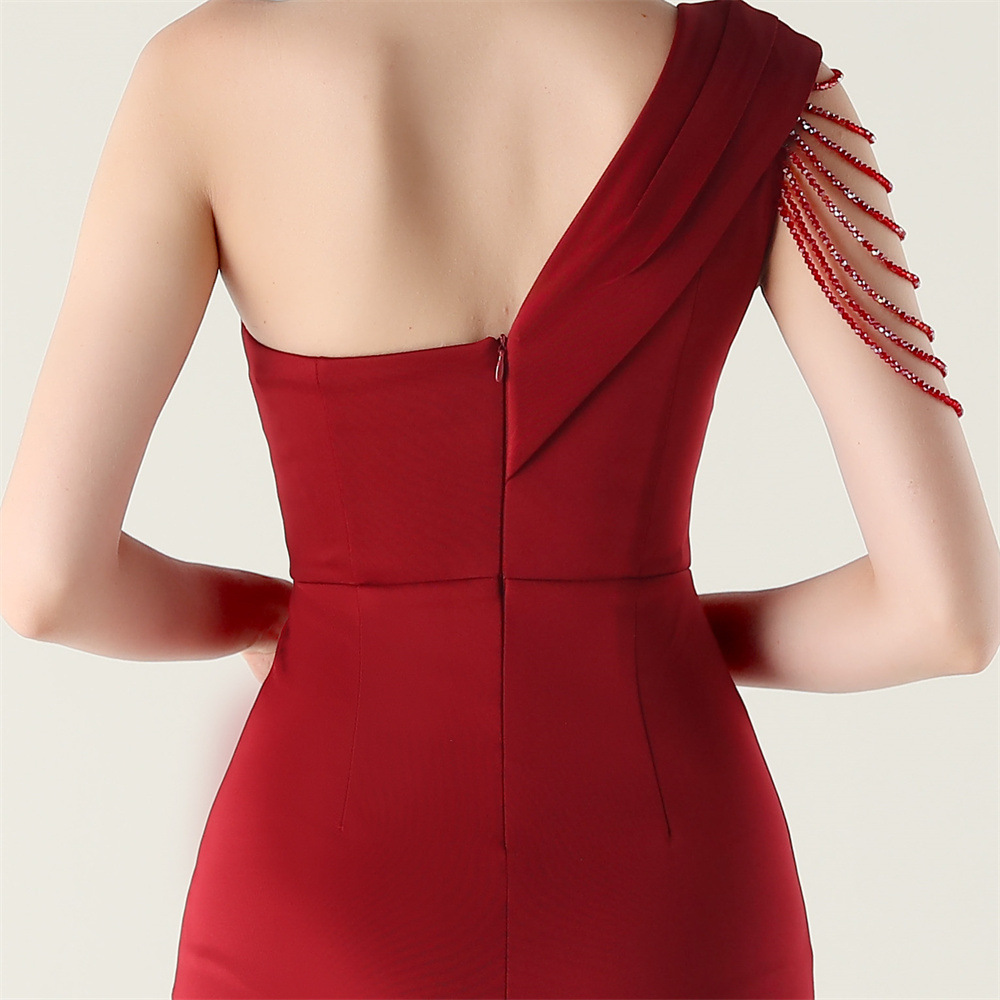 Sexy elegant set beads high split shoulder evening dress
