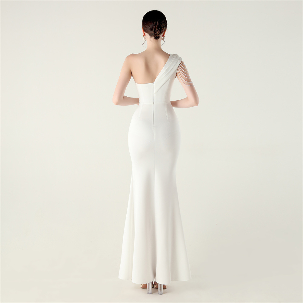 Sexy elegant set beads high split shoulder evening dress
