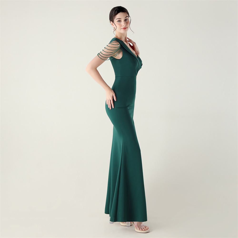Sexy elegant set beads high split shoulder evening dress