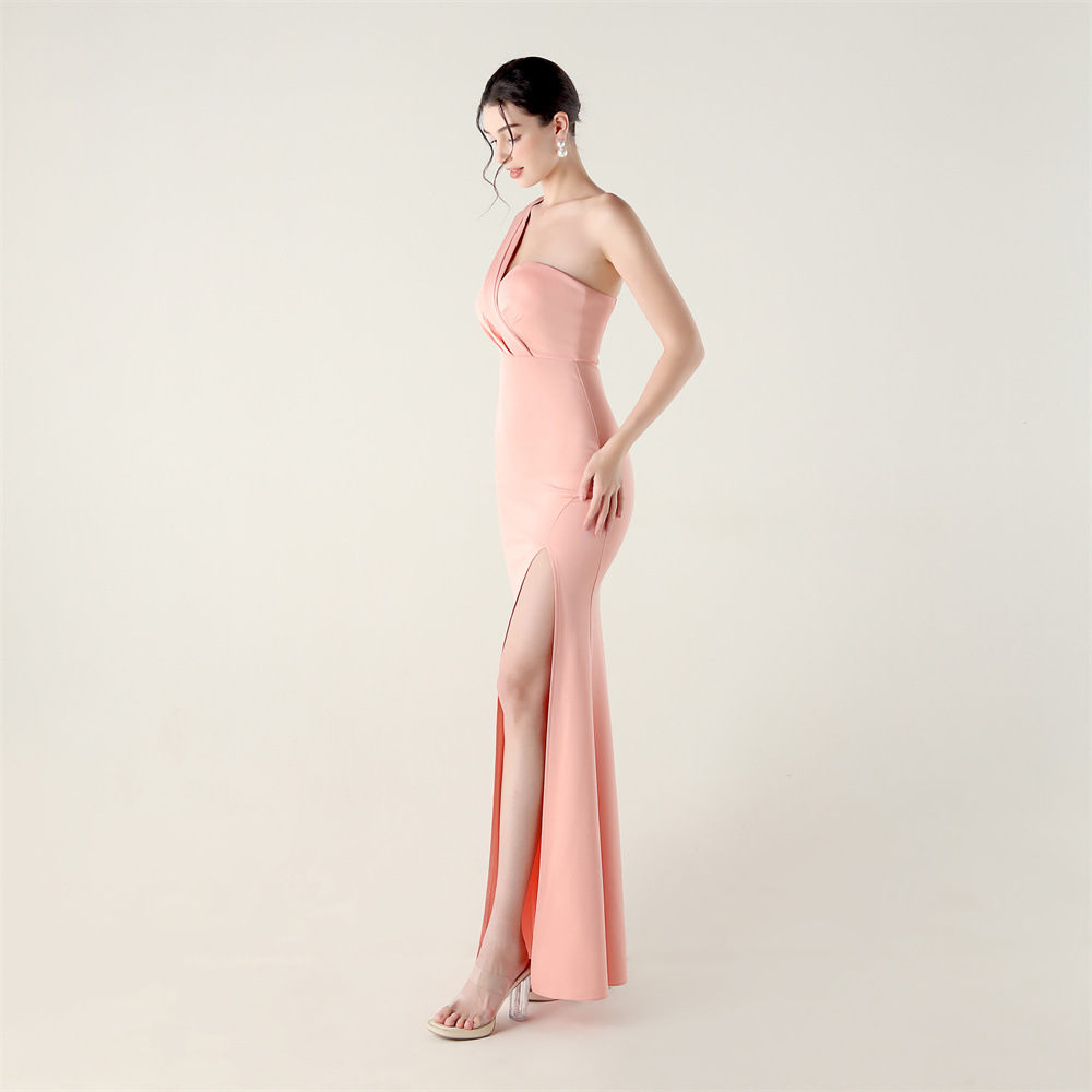 Sexy elegant set beads high split shoulder evening dress