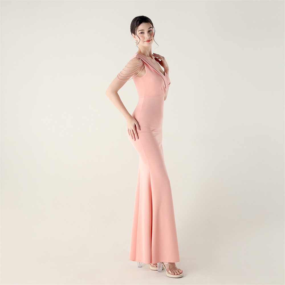 Sexy elegant set beads high split shoulder evening dress