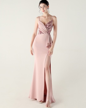 Bow banquet fold dress waist embroidery evening dress