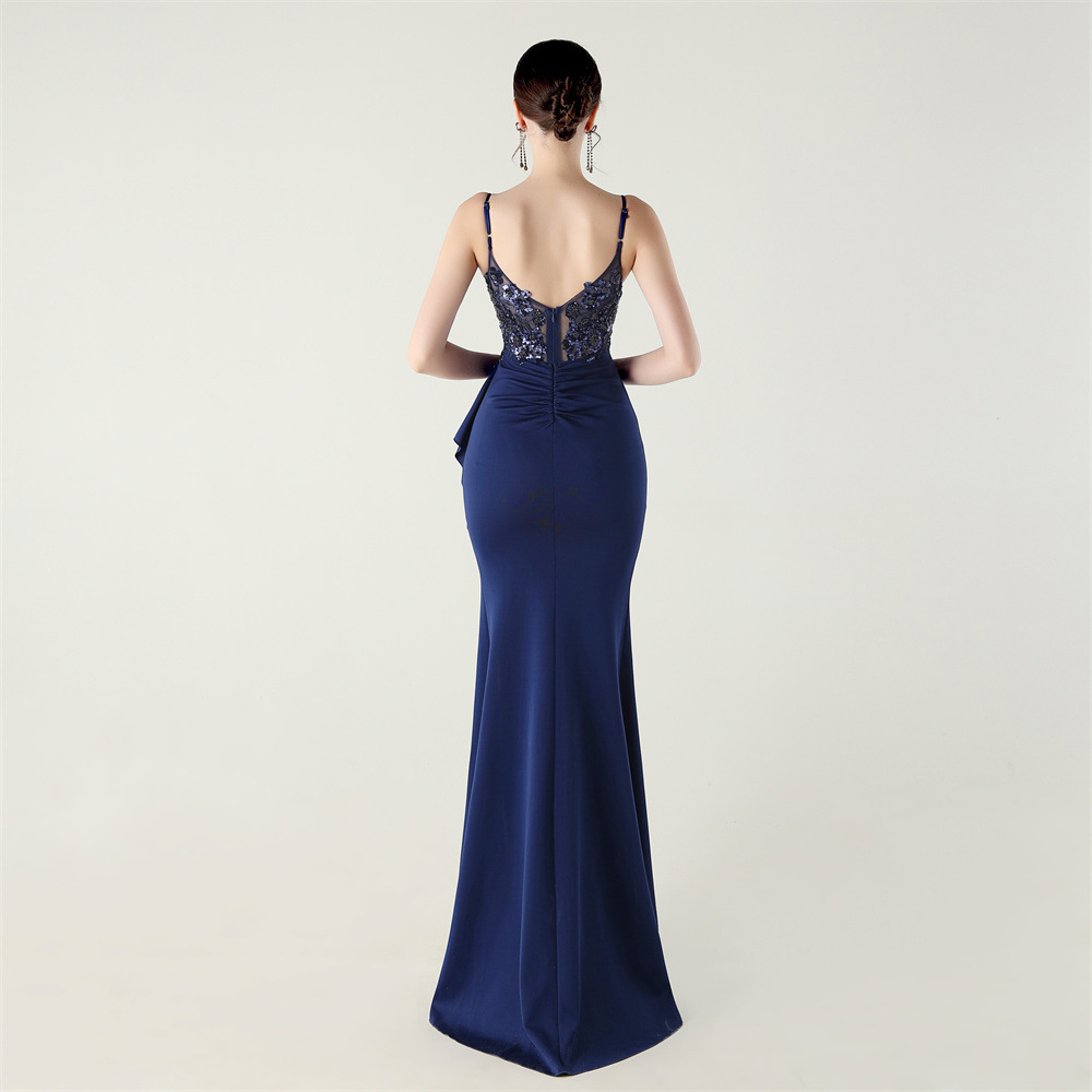 Bow banquet fold dress waist embroidery evening dress