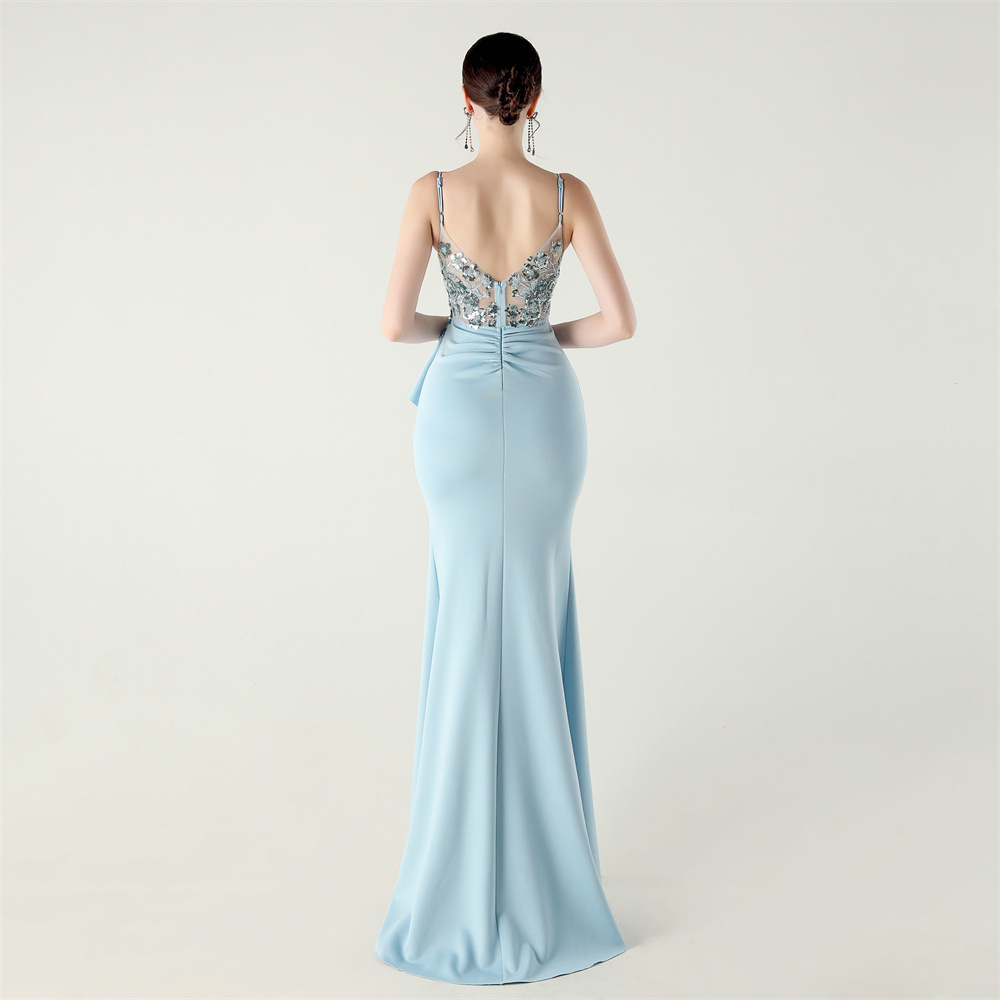 Bow banquet fold dress waist embroidery evening dress