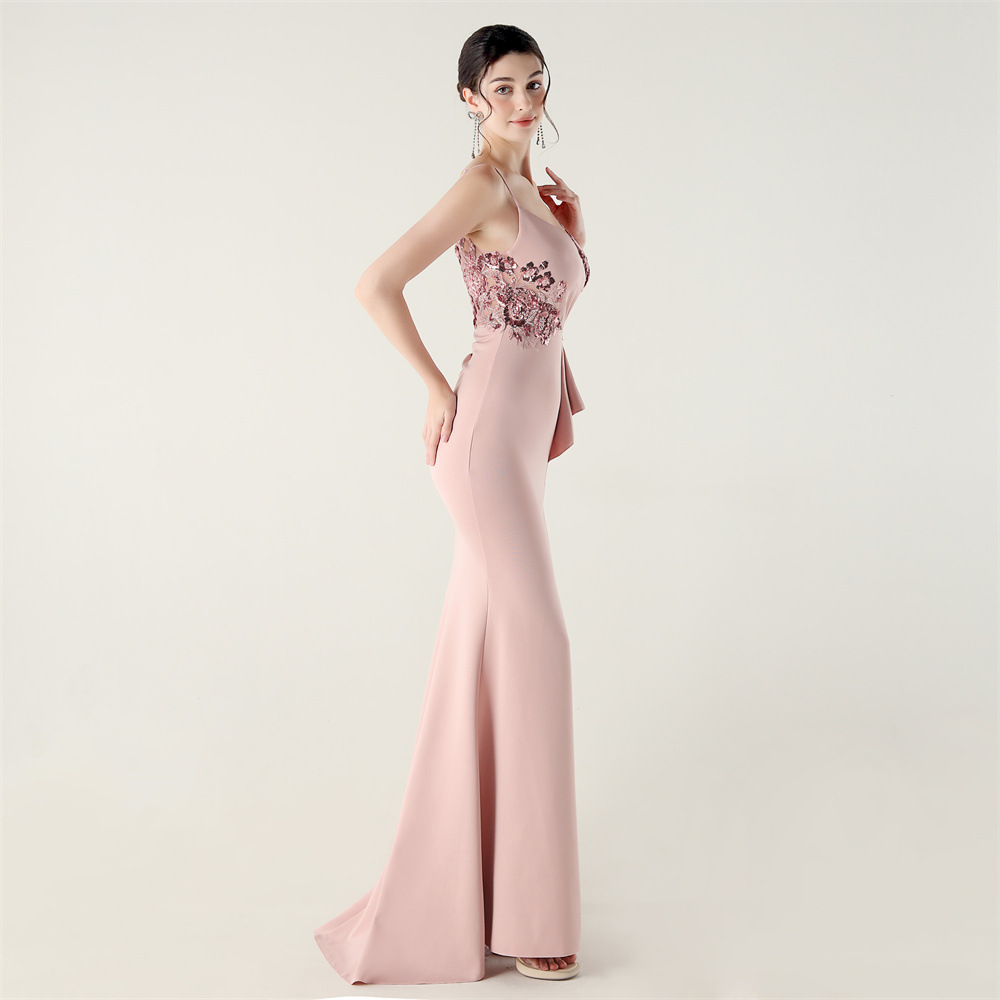 Bow banquet fold dress waist embroidery evening dress
