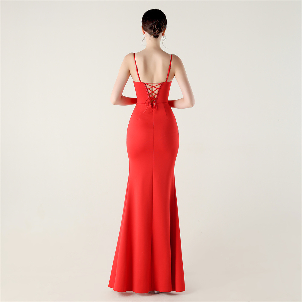 Waist straps V-neck dress banquet evening dress
