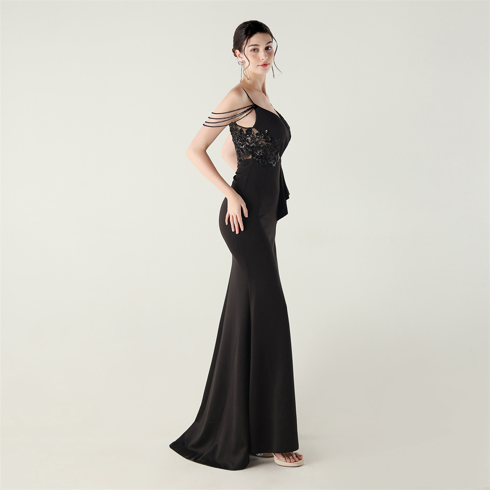 Sling bow dress lotus leaf edges evening dress