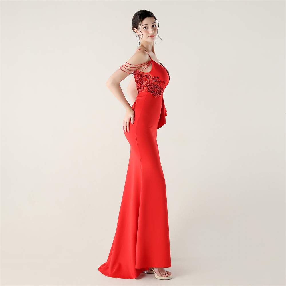 Sling bow dress lotus leaf edges evening dress