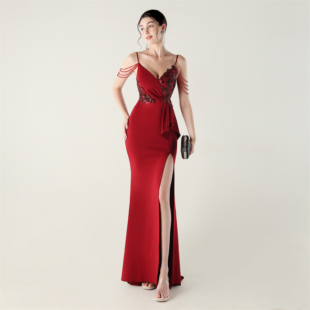 Sling bow dress lotus leaf edges evening dress
