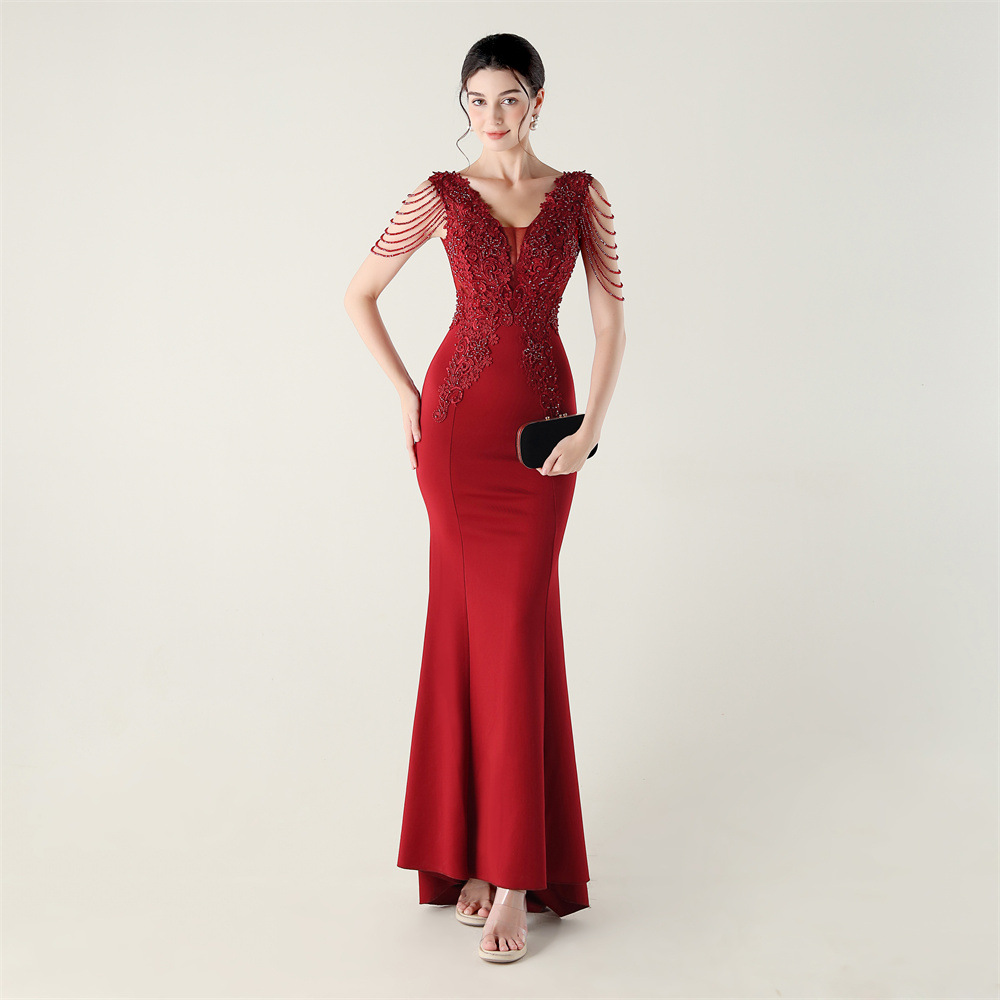 Banquet stereoscopic pinched waist evening dress