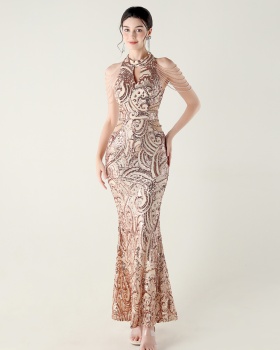 Halter slim beads evening dress sequins epaulets dress
