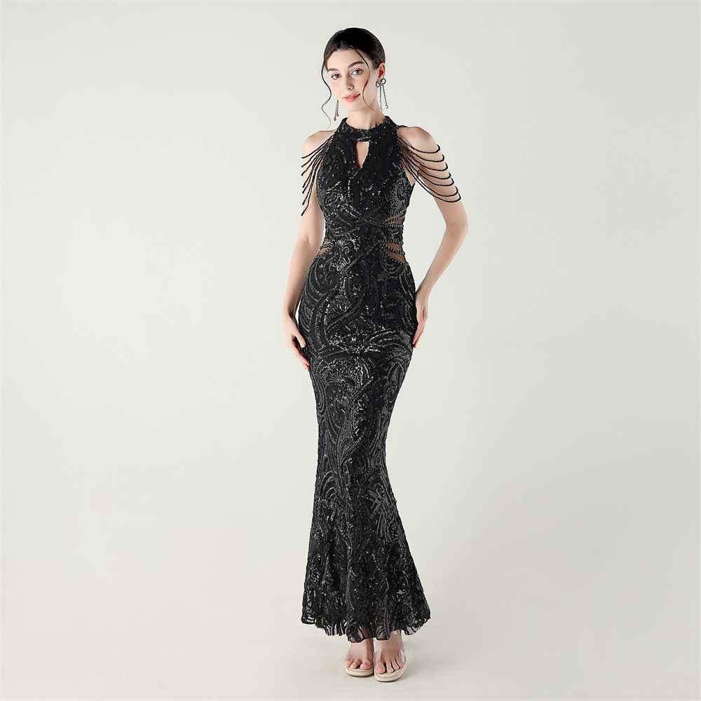 Halter slim beads evening dress sequins epaulets dress