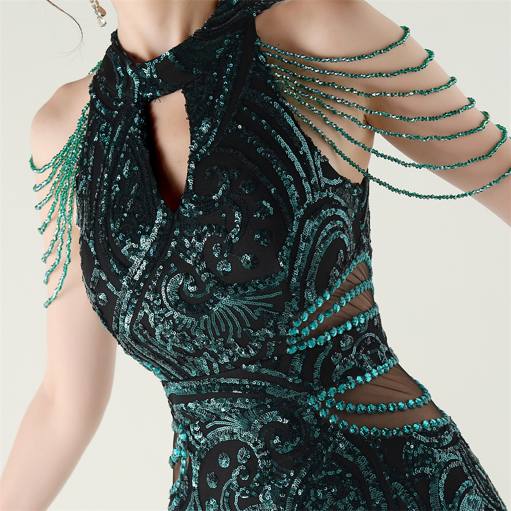 Halter slim beads evening dress sequins epaulets dress