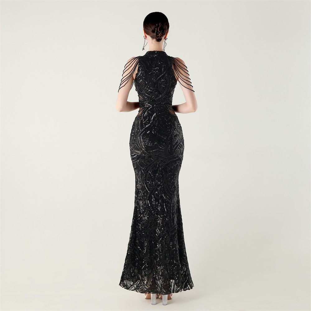 Halter slim beads evening dress sequins epaulets dress
