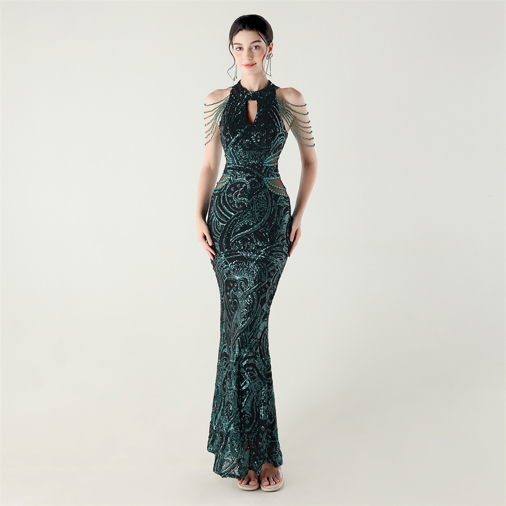 Halter slim beads evening dress sequins epaulets dress