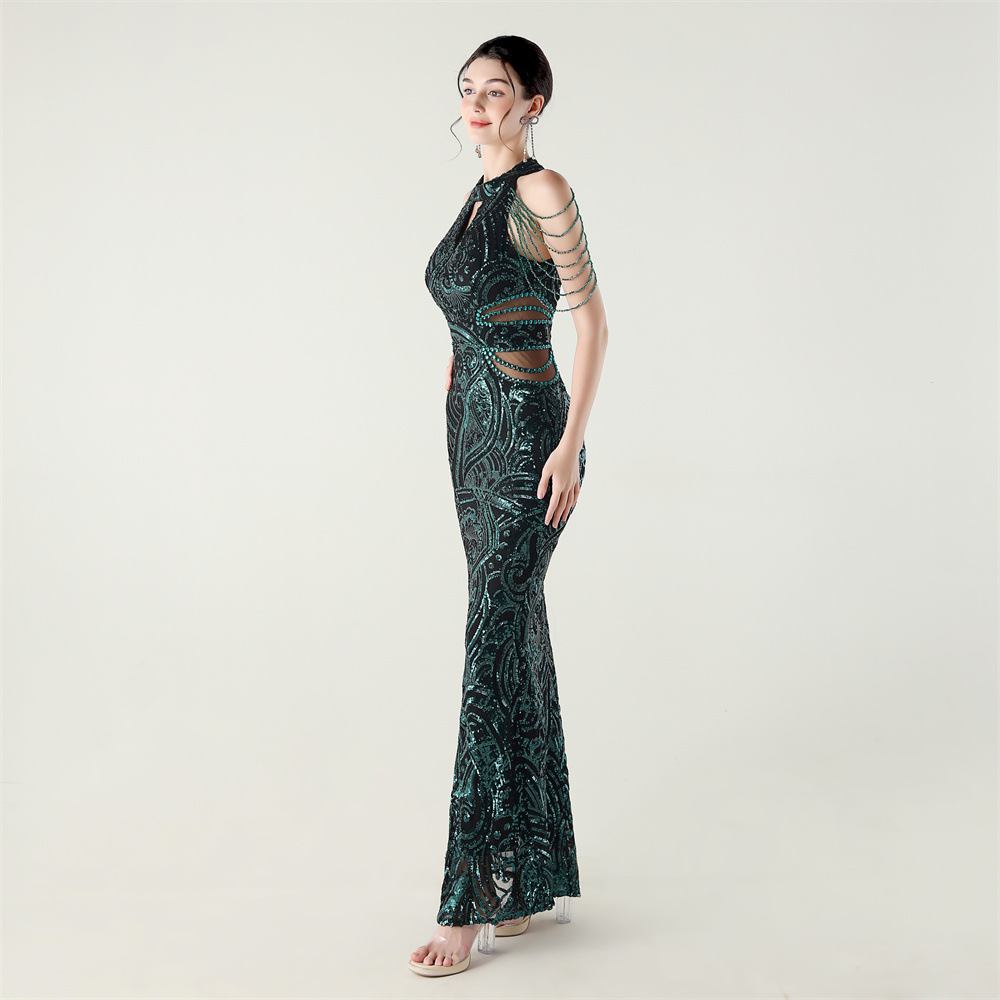 Halter slim beads evening dress sequins epaulets dress