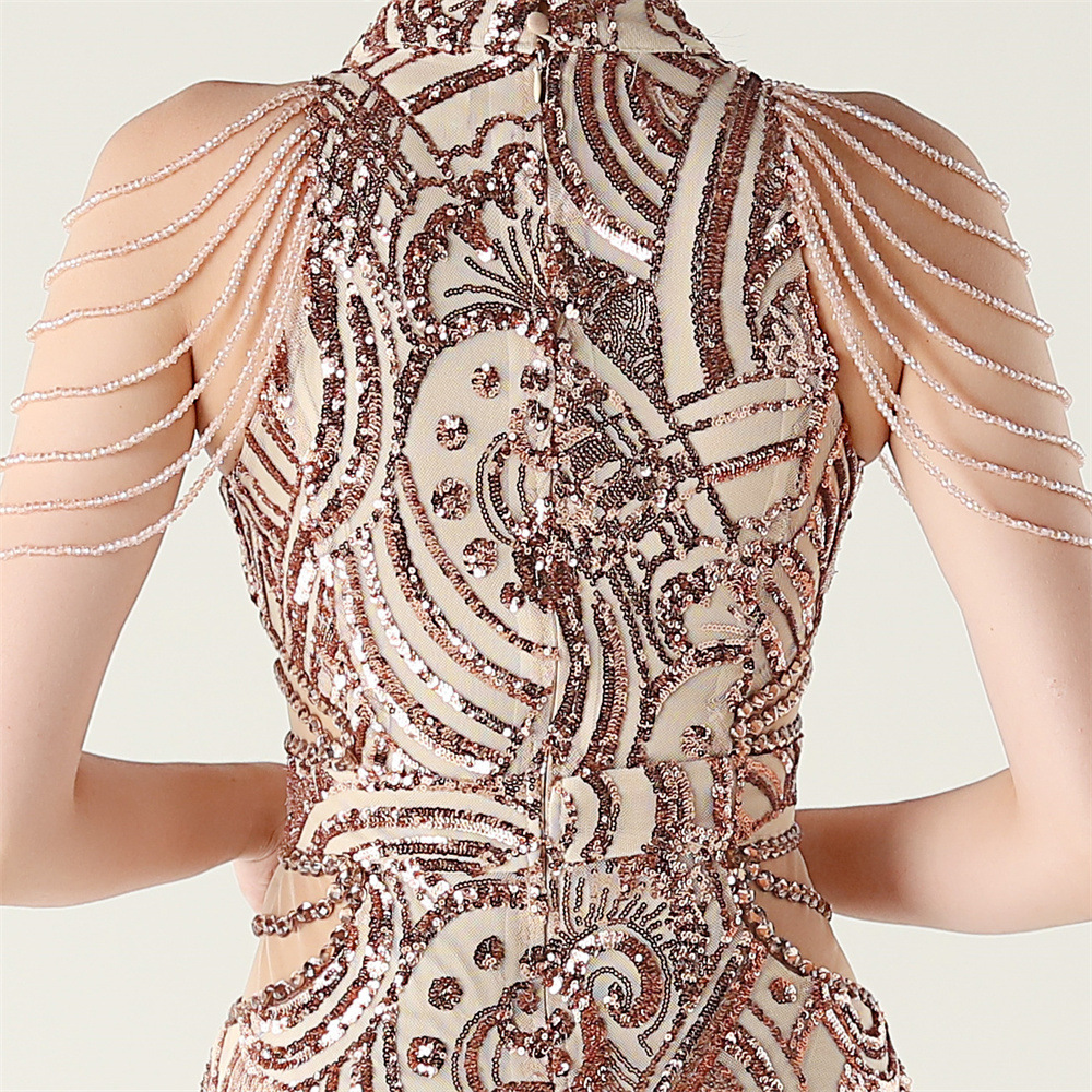 Halter slim beads evening dress sequins epaulets dress