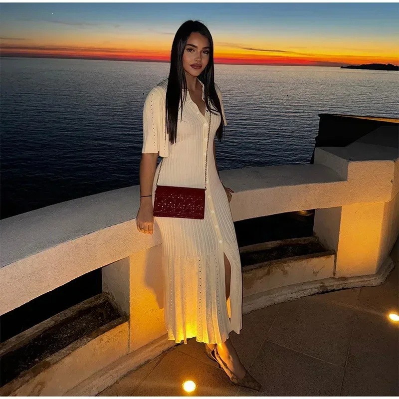 Knitted European style split short sleeve slim dress