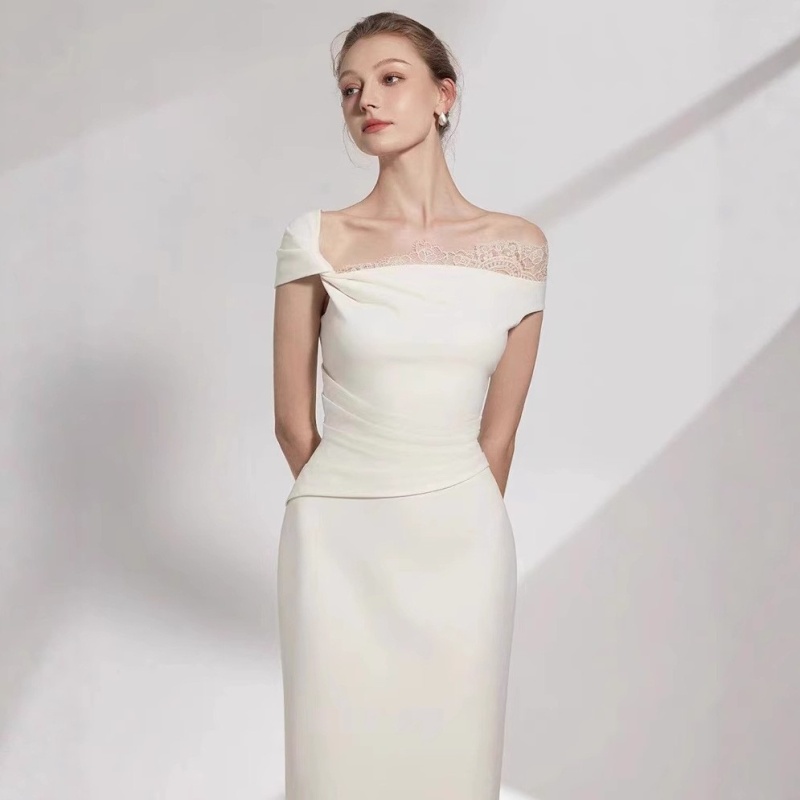 Strapless temperament splice formal dress lace niche dress