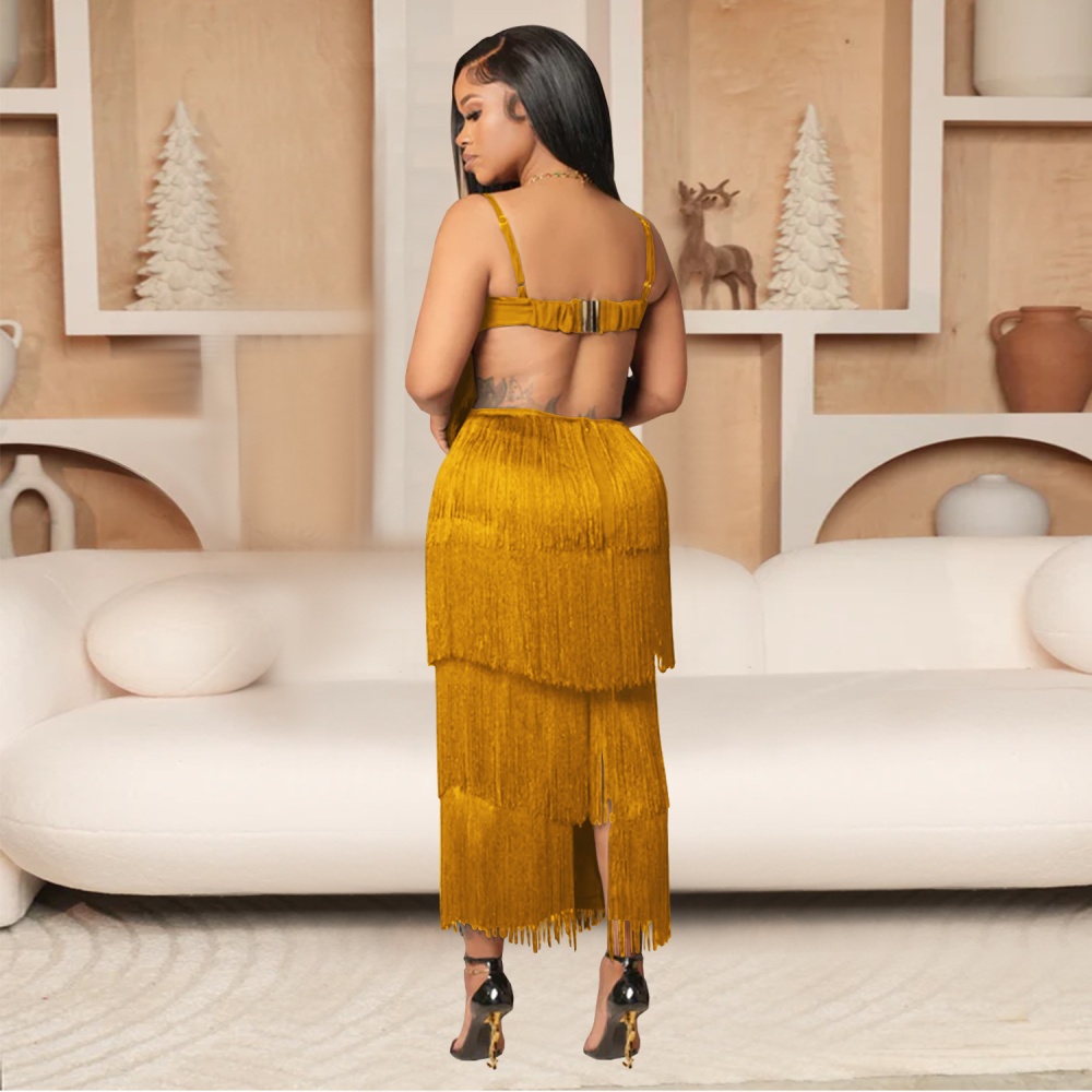 Sling sexy fashion tassels European style halter dress