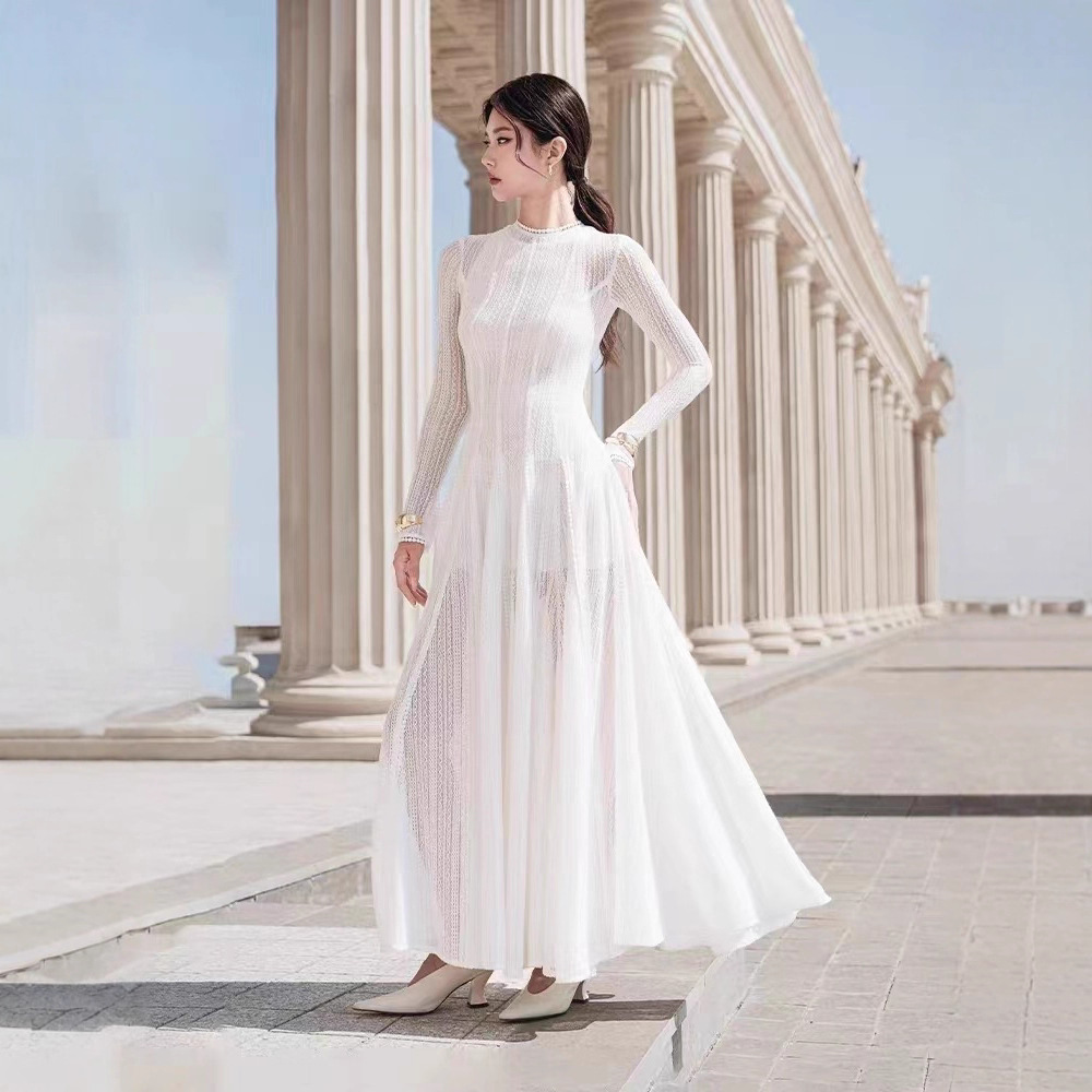Temperament drape lace dress long sleeve niche long dress