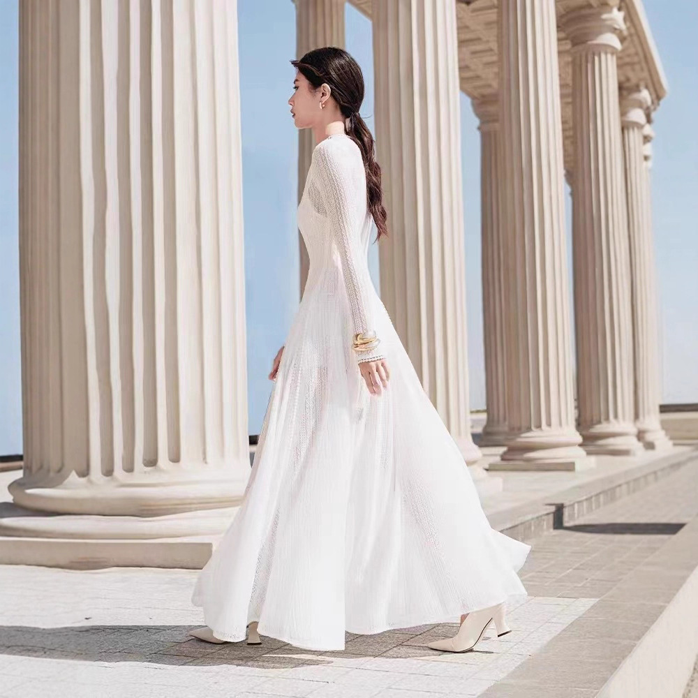 Temperament drape lace dress long sleeve niche long dress