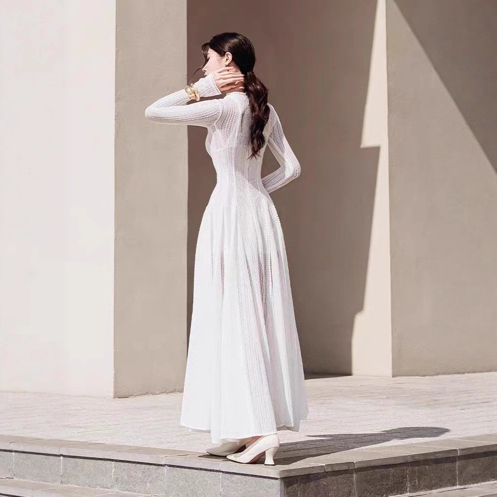 Temperament drape lace dress long sleeve niche long dress