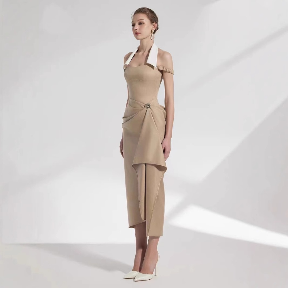 Pinched waist temperament dress halter formal dress