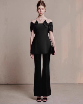 Slim commuting tops black temperament long pants a set