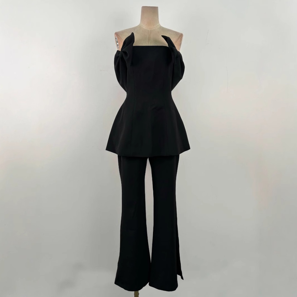 Slim commuting tops black temperament long pants a set