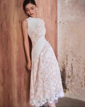 Splice elegant long dress pinched waist dress