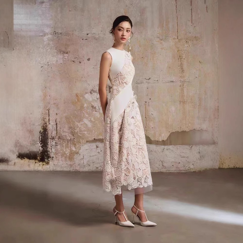 Splice elegant long dress pinched waist dress