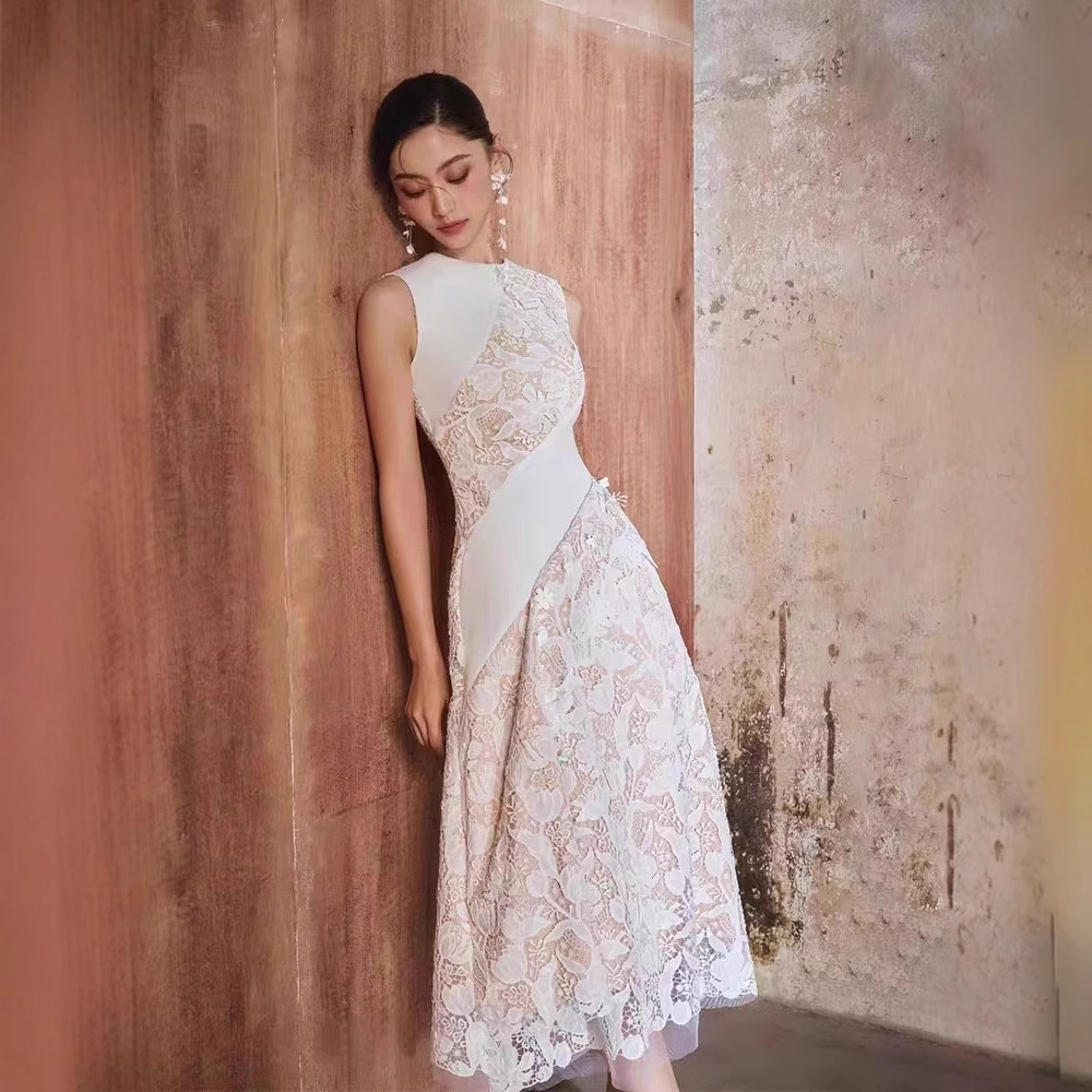 Splice elegant long dress pinched waist dress
