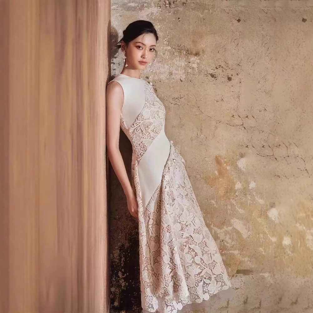 Splice elegant long dress pinched waist dress